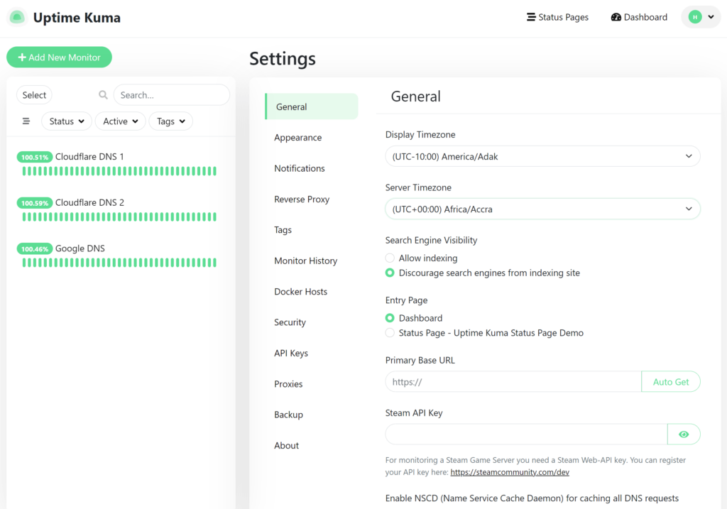 Uptime Kuma Settings